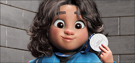 An animated character of a young girl on a grey background. She wears a blue Esso hockey jersey and holds a medal.