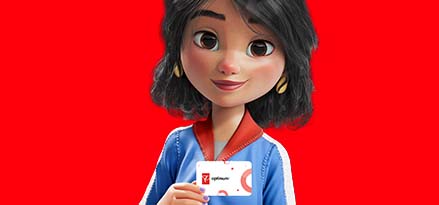 Animated character of woman in her 40s on a red background. She is holding a PC Optimum card in her hands.