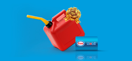 Red gas can with gold bow and blue background