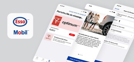 Les trois écrans de l'application Esso et Mobil sont affichés avec la vignette de l'application.