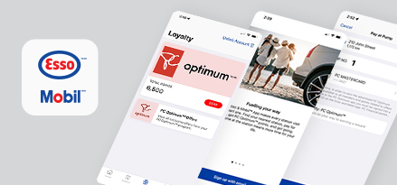 3 screens of the Esso and Mobil app are shown along with the app tile.