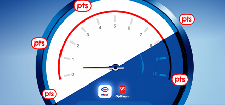 A tachometer has the Esso and Mobil App tile and PC Optimum logo light up, and is surrounded by points icons. 