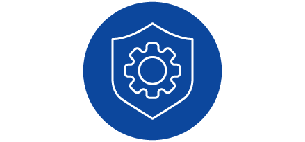 Blue shield icon with gear in the middle.